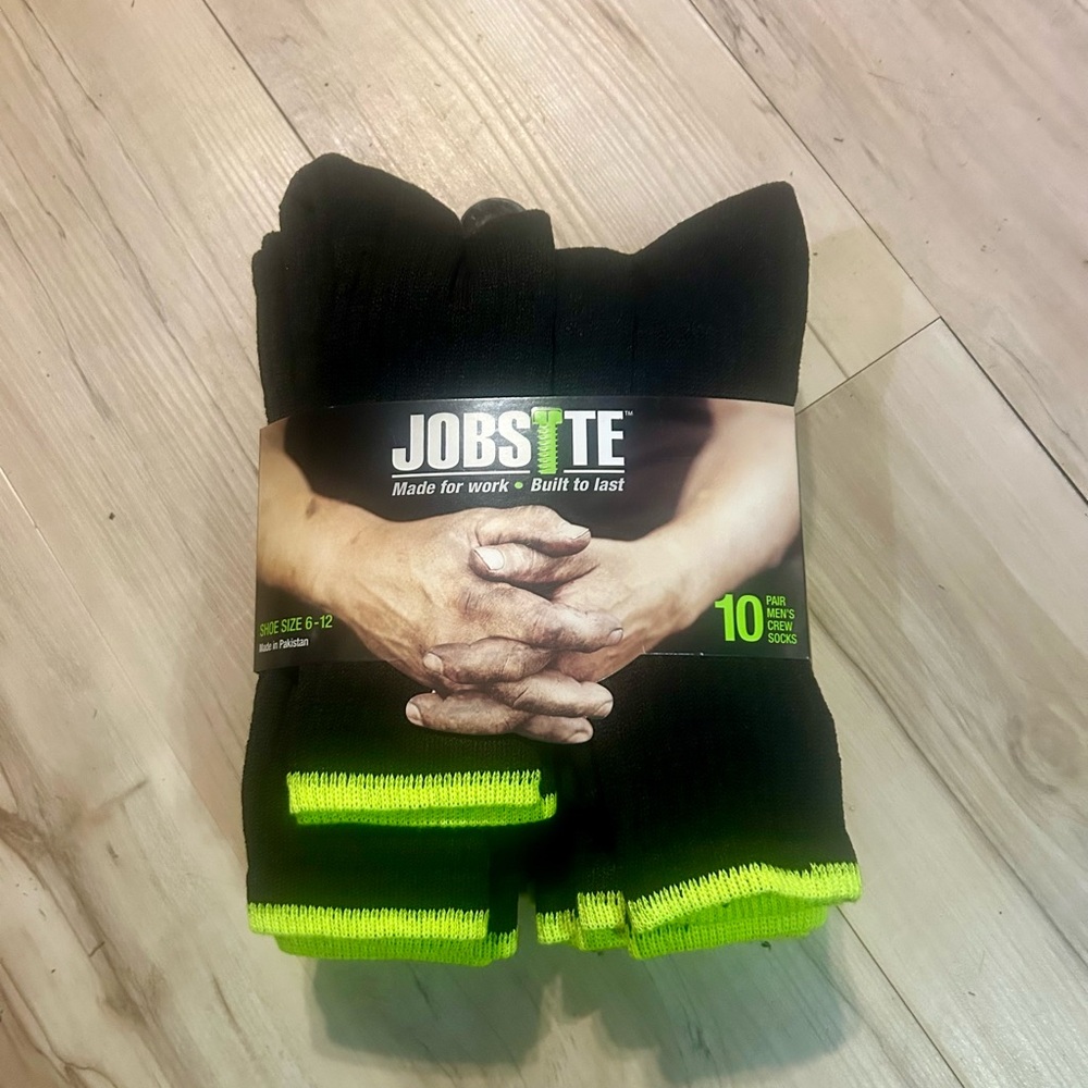 JOB SITE MEN'S 10PK CREW SOCKS - BLACK AND GREEN (Las) size 6-12